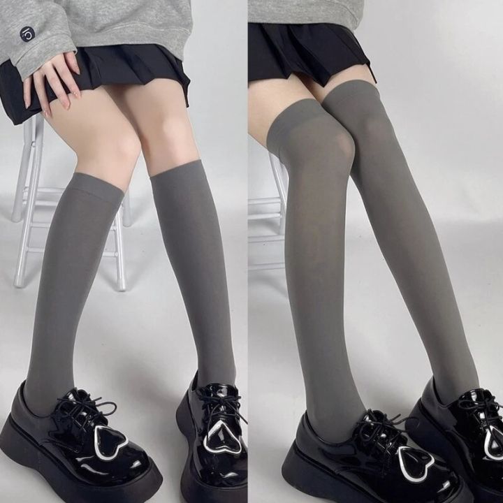 Japanese%20Preppy%20Style%20Women%20Girls%20Calf%20Socks%20Harajuku%20Lolita%20Opaque%20Solid%20Color%20Light%20Gray%20Student%20Over%20Knee%20High%20Tube%20T8NB%20-%20Image%203