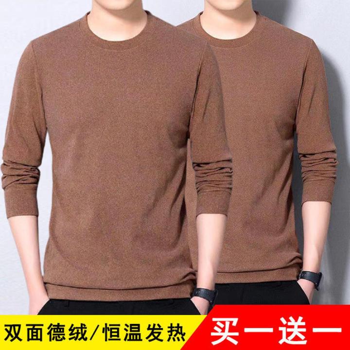 Double-Sided Dralon round Neck Long SleeveTT-shirt Men's Autumn and Winter Fleece-Lined Warm Low-Neck Sweater Knitted Bottoming Shirt Autumn Clothes Tops