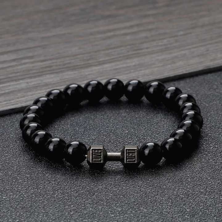 Stainless Steel Black Stone Beaded Bracelet Fitness Fit Life Prayer Dumbbell Bracelets for Men