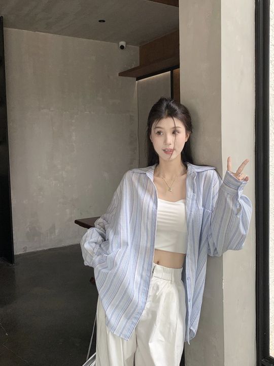 Pink%20Stripes%20polo%20Women's%20Collar%20Long-Sleeved%20Shirt%20Summer%20New%20Loose%20Thin%20Type%20Sunscreen%20Shirt%20Mid-Length%20Top%20-%20Image%206