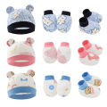【In-Stock】 3pcs Newborn Baby Hat Mitten Booties Set Cartoon Printing Infant Beanie Cap Mittens Set For 0-6 Months Baby. 