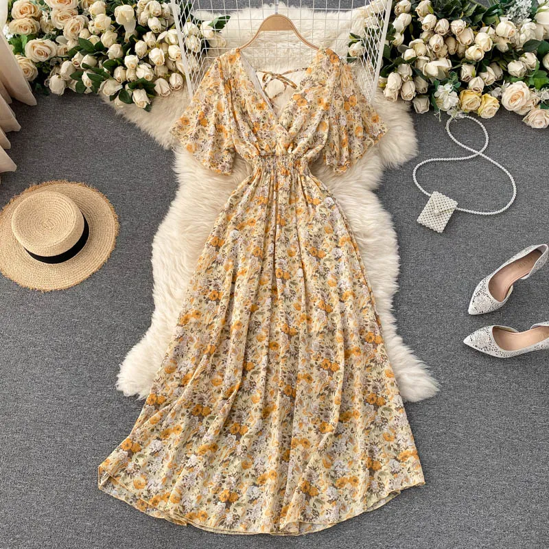 Retro Floral Print Ruffle Chiffon Elegant Midi Dress A-line V Neck Beach  Vacation Dress Women Korean Fashion Summer Vestidos