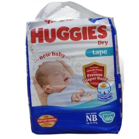 Huggies Dry Belt Diaper (NB) New Born 60 Pcs (0-5 Kg), Made in Malaysia