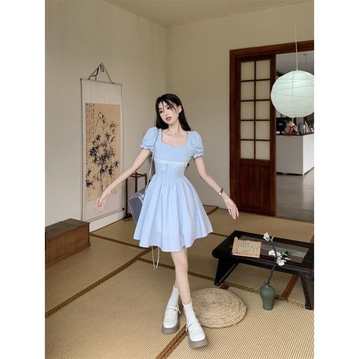 French Style Puff Sleeve Square Collar Lace up Dress Women's Summer 2024 New Sweet Waist Trimming Mid-Length a Line skirt