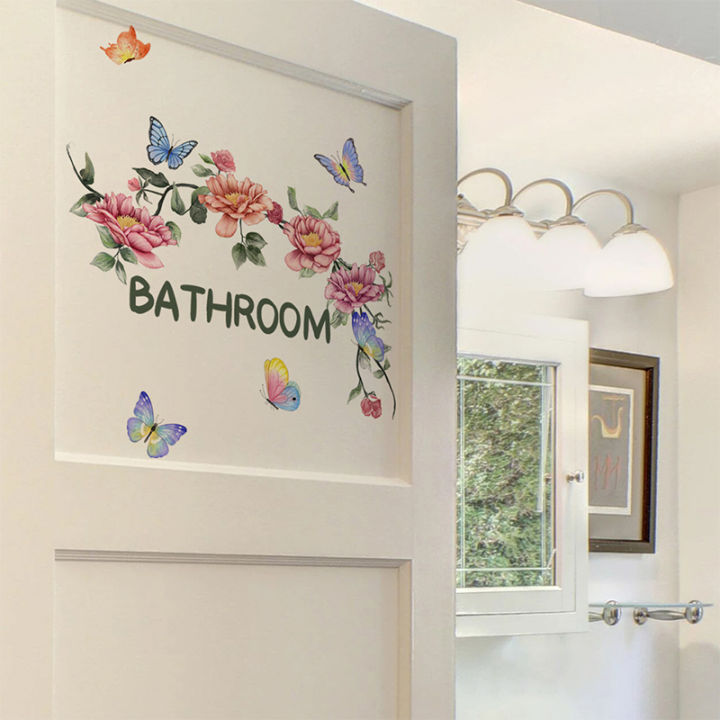 Beautiful Butterfly Flower Wall Stickers Toilet Bathroom Door Decoration Mural Home Decor Self-adhesive Beautify Wallpaper Fayshow
