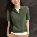 Juzui Women's Clothing2023Summer Mulberry SilkPoloShirt Thin Loose Ice Silk Sweater All-Match Short SleeveTT-shirt. 