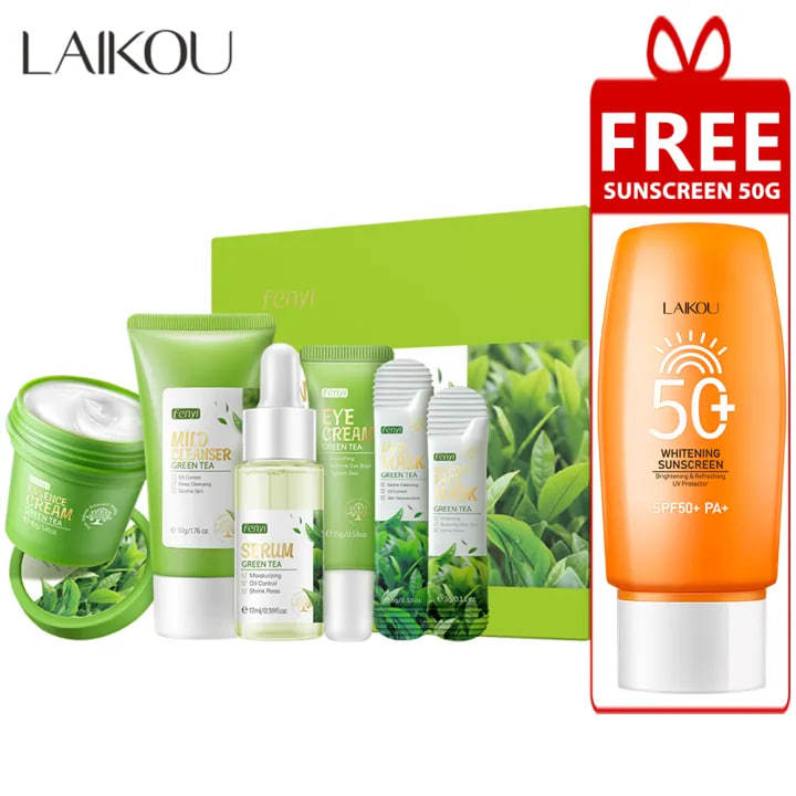 Fenyi Skincare Green Tea Set - 6Pcs + LAIKOU SUNSCREEN SPF50+PA+ - 50Gm