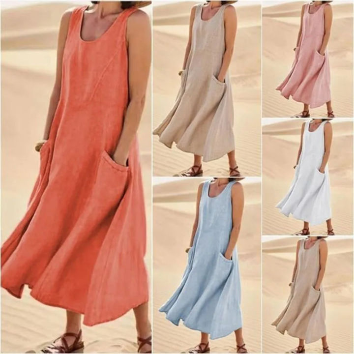 Women Sleeveless Sundress Elegant Round Neck Solid Long Tank Dress Vintage Pockets Beach vestidos
