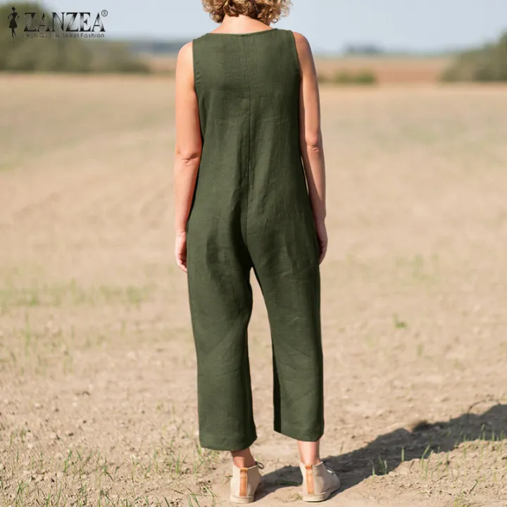 ZANZEA%20Women%20Summer%20Cotton%20Linen%20Sleeveless%20Jumpsuit%20Loose%20Casual%20V%20Neck%20Solid%20Playsuit%20-%20Image%204