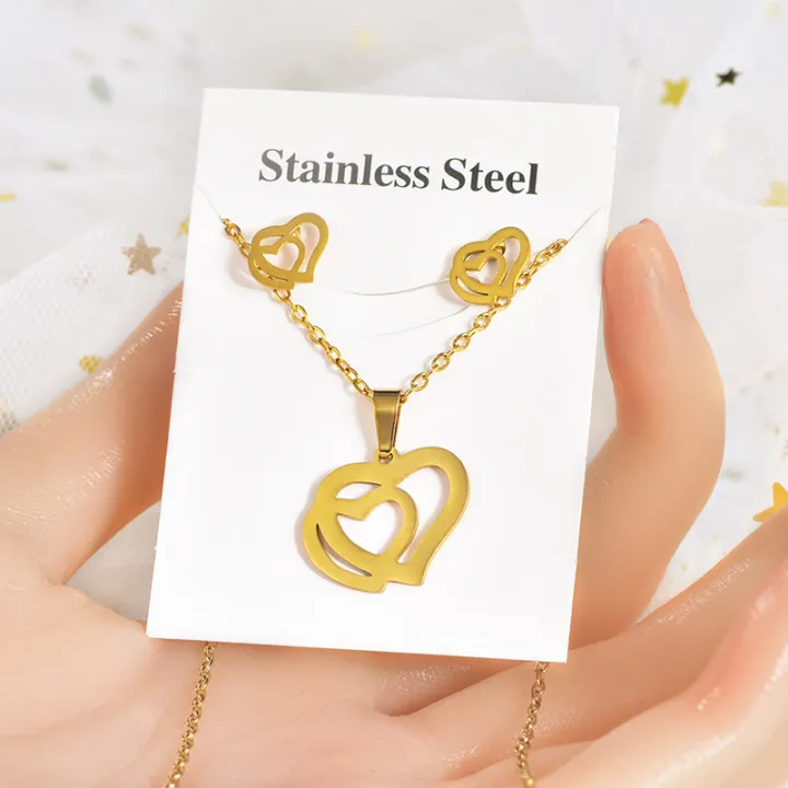 Fashion%20Jewelry%20Set%20Women%20Non%20Tarnish%2018K%20Gold%20Stainless%20Steel%20Heart%20Pendant%20Necklace%20And%20Earrings%20Set%20For%20Couple%20Gift%20-%20Image%202