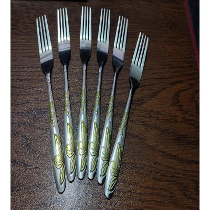 Stainless Steel Fork Set - 6 Pcs Multi Design Silver with Golden Shade