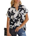 Summer New Women's Loose Printed Short Sleeve V Collar Button Chiffon Shirt.