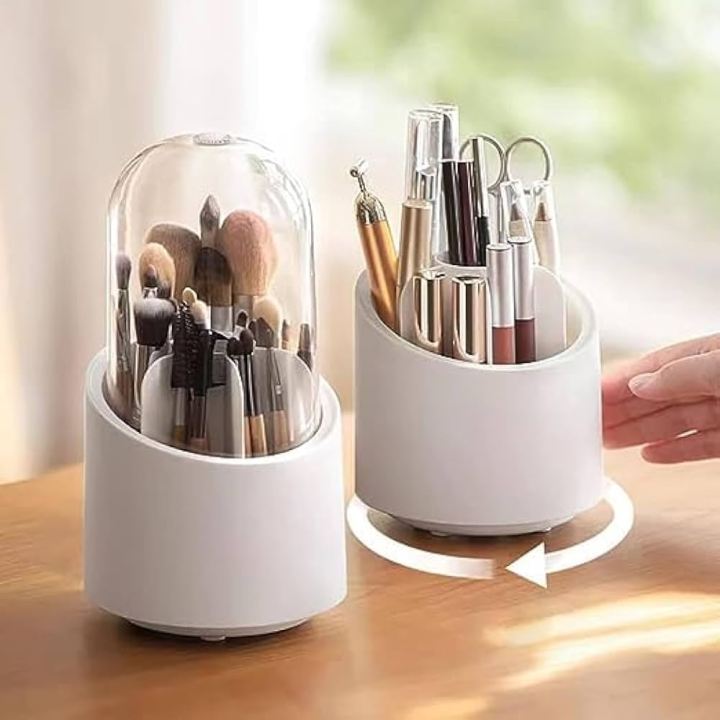 360 Degree Rotating Makeup Brush Holder with Lid Dustproof Clear Makeup Brush Organizer Container - White