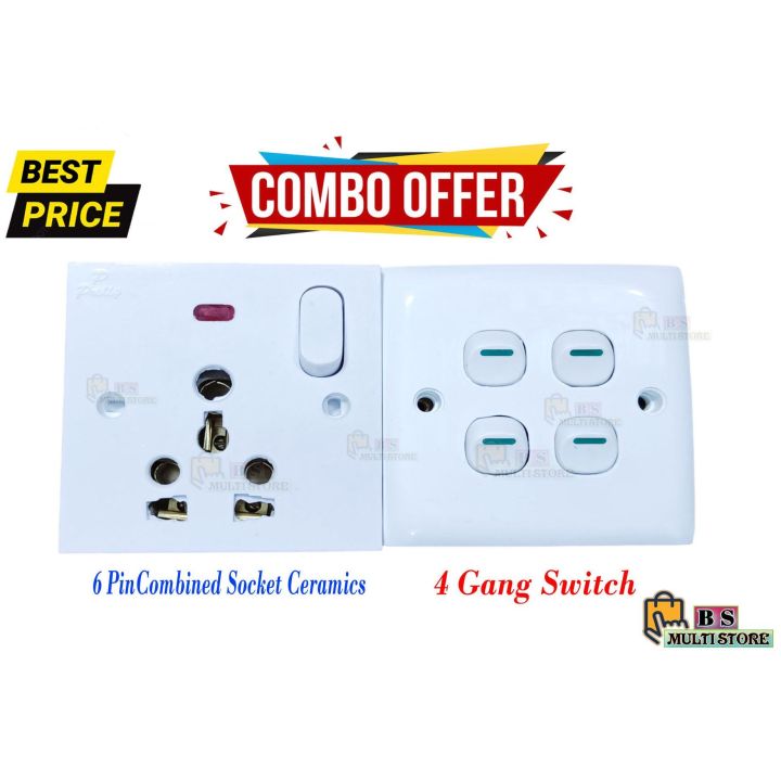 6 Pin Combined Socket Ceramics & 4 Gang Switch Room Cover Combo Pack ...