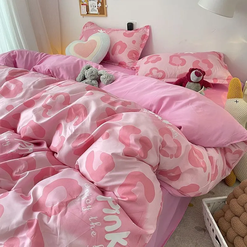 Korean Style Princess Pink Printed Bedding Set For Girl Adult