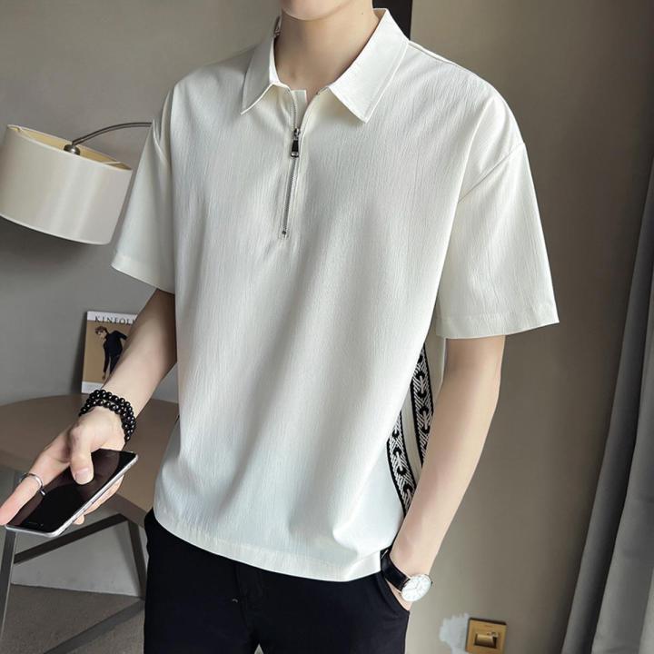 Ribbon Half ZipperTMen's Lapel Ice Silk Short SleevePOLOShirt Summer Korean Slim Fit Men's Wear Half SleeveTT-shirt