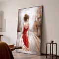 Original Hand-painted The Girl In A Red Dress Abstract Figure Art Oil Painting Wall Painting with Cotton Fabric for Living Room. 