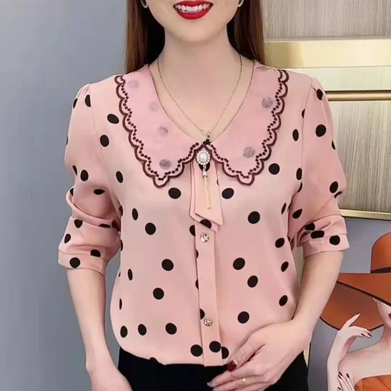 Women Chiffon Blouse Large Size Loose Stylish Polka Dot Shirt Long Sleeves  Casual Tops