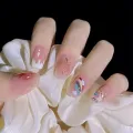 24pcs False Nails Coffin Almond Artificial Nails With Glue Full Cover Korean Nail Tips Press On Nails Sweet Summer Manicure. 