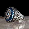 Turkish Handmade Vintage Ring for Men Blue Stone Seal Islamic Muslim Jewelry Ring.