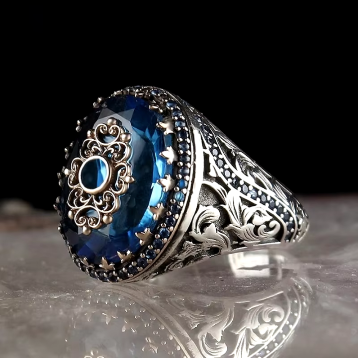Turkish Handmade Vintage Ring for Men Blue Stone Seal Islamic Muslim Jewelry Ring
