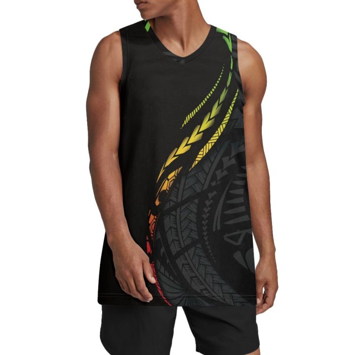 Polynesian Tribal Guam Totem Tattoo Prints Men's Basketball Jerseys Mesh Athletic Sports Shirts Plain Performance Team Uniforms