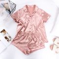 Women Sleepwear Summer Pajama Set Pink Turn Down Collar Faux Silk Satin Blue Short Sleeve Casual Female Pijama Home Wear Shorts. 