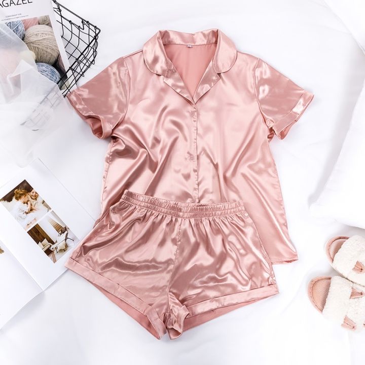 Women%20Sleepwear%20Summer%20Pajama%20Set%20Pink%20Turn%20Down%20Collar%20Faux%20Silk%20Satin%20Blue%20Short%20Sleeve%20Casual%20Female%20Pijama%20Home%20Wear%20Shorts%20-%20Image%203