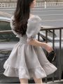 2023 Summer Lace Vintage Pink Dress Women Fairy French Party Midi Dress Office Lady Elegant One Piece Dress Korean Fashion Chic. 