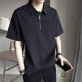 Japanese Style Simple Waffle Solid Color polo Shirt Short Sleeve Boys Niche Design Half Zipper and Lapel Top T-shirt. 
