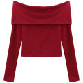 Tops Off Shoulder Long Sleeve Crop Top Women's Autumn/Winter 2023 New Spicy Girl Slim Fit Short Red T-shirt.