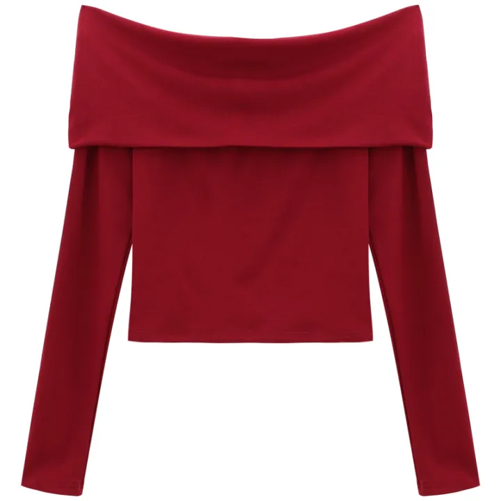 Tops%20Off%20Shoulder%20Long%20Sleeve%20Crop%20Top%20Women's%20Autumn/Winter%202023%20New%20Spicy%20Girl%20Slim%20Fit%20Short%20Red%20T-shirt%20-%20Image%206