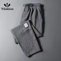 Men Linen Cropped Pants Summer Thin Breathable Straight High Waist Casual Cropped Pants. 