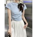 European and American Solid Color Shoulder T T-shirt Short-Sleeved Women's Summer Slim-Fit Chic Short Waist Easy Matching Waisted Gray Top.
