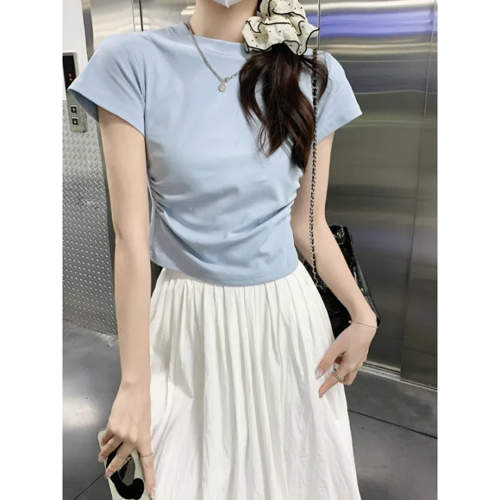 European%20and%20American%20Solid%20Color%20Shoulder%20T%20T-shirt%20Short-Sleeved%20Women's%20Summer%20Slim-Fit%20Chic%20Short%20Waist%20Easy%20Matching%20Waisted%20Gray%20Top%20-%20Image%202