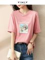 Vimly Summer T Shirt Loose Casual Tees Aesthetic Vintage 100% Cotton Pink O Neck Printing Short Sleeve Tops Women Clothes V6110.