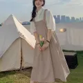 Preppy Style Suspender Skirt Outfit Girls' Summer Korean Style Loose All-Matching Slimming Mid-Length Strap Dress Fashion. 