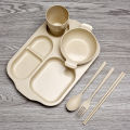 6Pcs/set Wheat Straw Dinnerware Boys and Girls Unbreakable Plates Bowls Cups Spoons Forks Chopsticks Lightweight Scratch Resistant Safe for Dishwasher Microwave. 