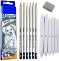 Artline Set Of 6 Sketch Pencils + Blending/Smudging Stumps Set Of 6 (Size 1 To 6) And One Kneadable Eraser For Graphite And Charcoal Pencils - Mechanical Pencil.