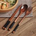 Nemeae Wooden Set, Wooden Portable Set Chopsticks Spoon Fork Dinnerware with Black Twining Thread. 