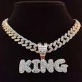 Men Women Hip Hop KING QUEEN Letter Pendant Necklace with 13mm Miami Cuban Chain Iced Out Bling HipHop Necklaces Fashion Jewelry.