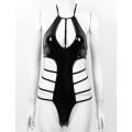 Womens Bodysuits Halter Neck Sleeveless Low Back Side Cut Out Wet Look Patent Leather Leotard Bodysuit One-piece Clubwear. 
