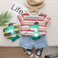 【LuckyBabyFans Store】（NEW）Children's set for boys summer stylish and handsome baby boy's clothing Striped cartoon crocodile Top shorts sets. 