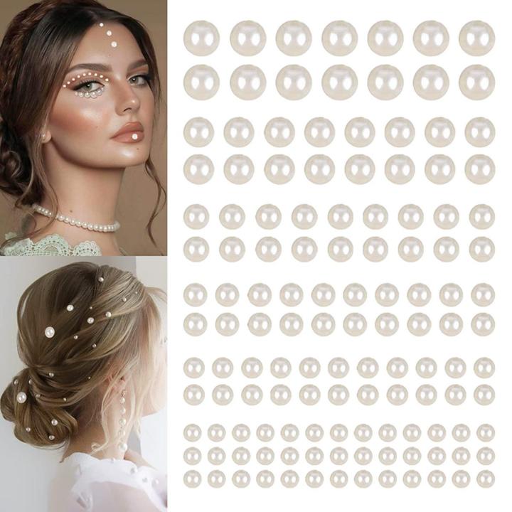 Vepoty Flat Back Pearls Stickers 3sheet/Set Self Adhesive Pearl Stickers Half Round Pearl Beads For Makeup DIY Crafts