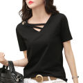 Women's Short Sleeve 2022 New Summer Solid Color T Women's T-shirt V Collar Loose Korean Style Hollow Top Casual ins T-shirt Fashion.