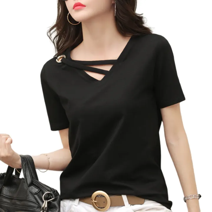 Women's%20Short%20Sleeve%202022%20New%20Summer%20Solid%20Color%20T%20Women's%20T-shirt%20V%20Collar%20Loose%20Korean%20Style%20Hollow%20Top%20Casual%20ins%20T-shirt%20Fashion%20-%20Image%205