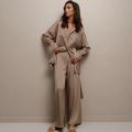 Women Sleeping Robe Set Long Pajamas 2 Pieces Set Silk Satin Autumn Winter Custom Loungewear Set.. 