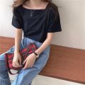 Genaisha New Style Ladies Short-Sleeve Top Trend Korean Version Solid Color Girl Square Neck T-Shirt. 