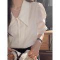 White French Style Shirt Women's Spring and Autumn Design Niche Top Fashionable Stylish Chic Puff Sleeve Pointed Collar Shirt. 