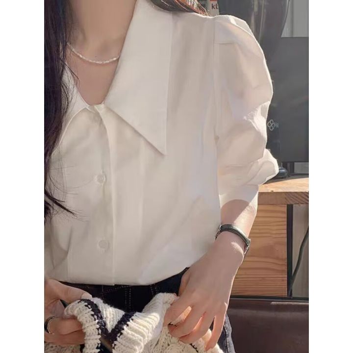 White French Style Shirt Women's Spring and Autumn Design Niche Top Fashionable Stylish Chic Puff Sleeve Pointed Collar Shirt